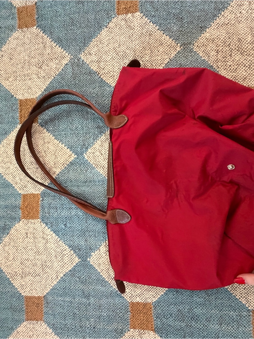 Longchamp Red Tote Bag with Brown Handles - Classic Everyday Carry